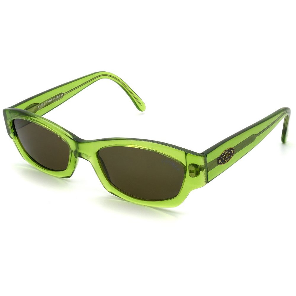 Tiny transparent sunglasses by Sting, tagged
